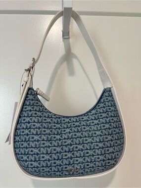 DKNY Blue Logo Hilda Denim Shoulder Bag with White Trim